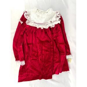 Vintage Red Velvet Lace Trim Holiday Party Dress USA Long Sleeve - Girls 6x NEW